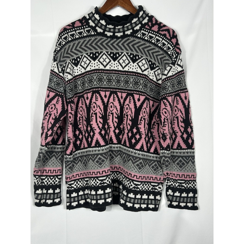 Vintage Fair Isle Oversized Sweater Coogi Style Knit 90s Fish Bone Pink Size M